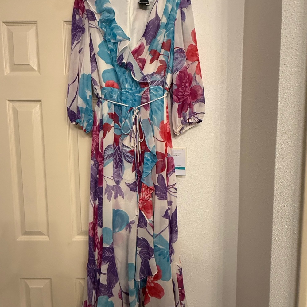 Maison Tara Floral Wrap Maxi Dress in White, Pink, Purple, Blue - Picture 2 of 2